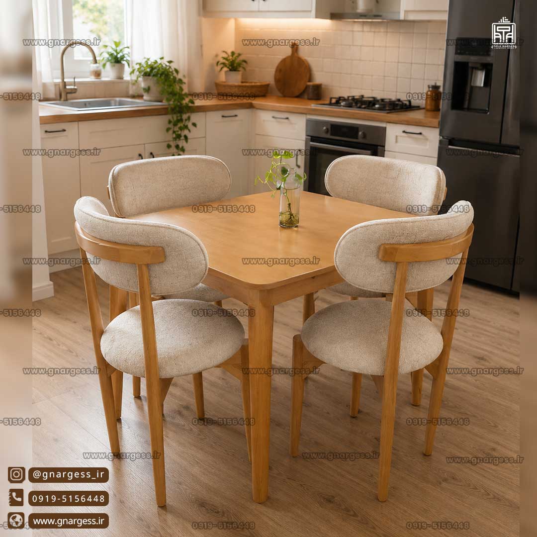 فروش اقساطی میز ناهارخوری چوبی 4 نفره نوبل کف گرد سبک مینیمال